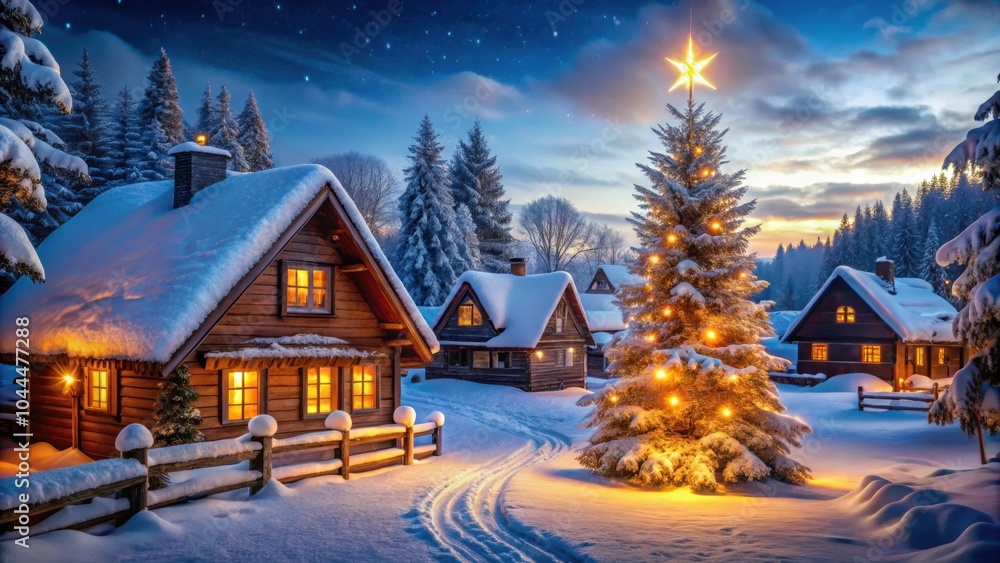 Fototapeta premium Cozy winter evening in a snowy village with wooden houses, illuminated Christmas tree, and peaceful atmosphere, Winter