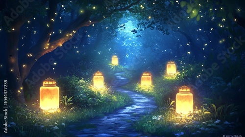 Enchanted forest path illuminated by glowing lanterns and fireflies.