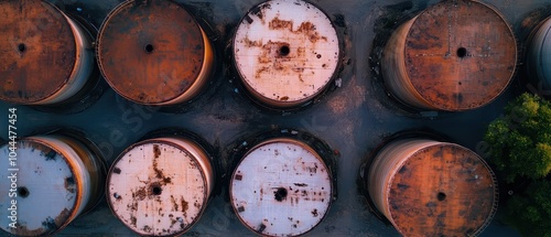 Aerial view of weathered storage tanks, showcasing rusted surfaces and circular tops, surrounded by greenery. photo