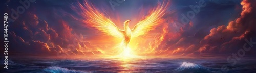 Fiery phoenix rising from the sea, with glowing wings against a dramatic sunset sky. photo