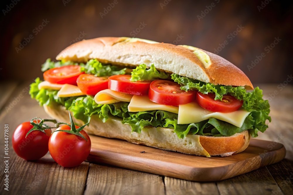 Sandwich with tomato and cheese on a wooden table