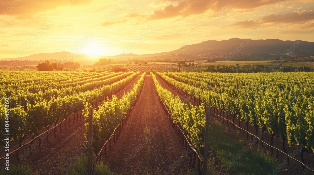 Fototapeta premium A vineyard at sunset, with long rows of vines reaching into the distance, symbolizing abundance and the art of winemaking