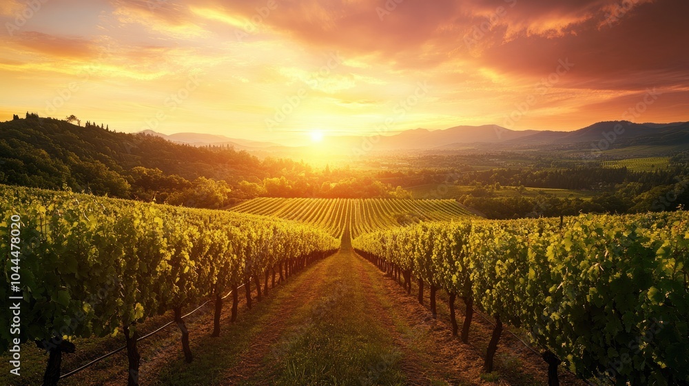 Naklejka premium Rows of vines in a vineyard glowing under a sunset sky, symbolizing the abundance of nature and the craft of winemaking