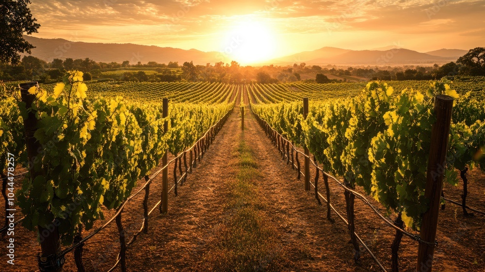 Fototapeta premium Sunset light over a beautiful vineyard with rows of vines, stretching toward the horizon, symbolizing the richness of winemaking