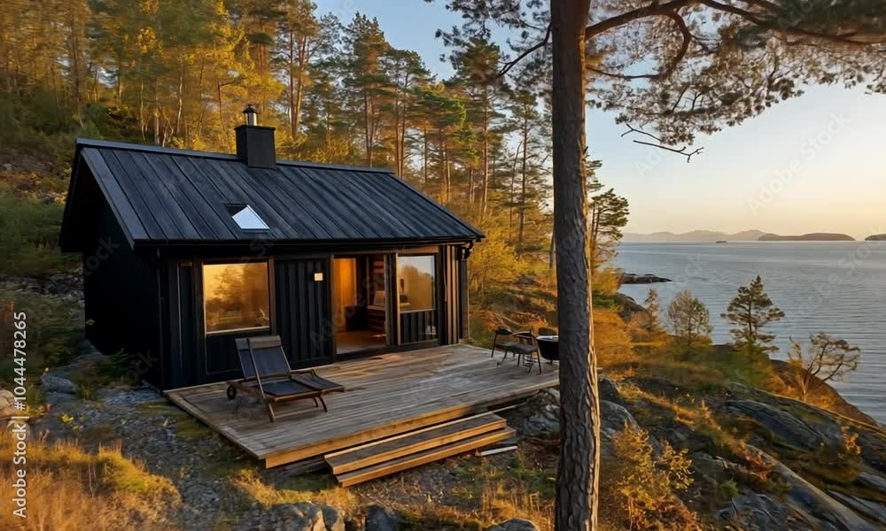 A modern black cabin by the water, surrounded by trees and natural beauty at sunset. A modern black cabin by the water, surrounded by trees and natural beauty at sunset.
