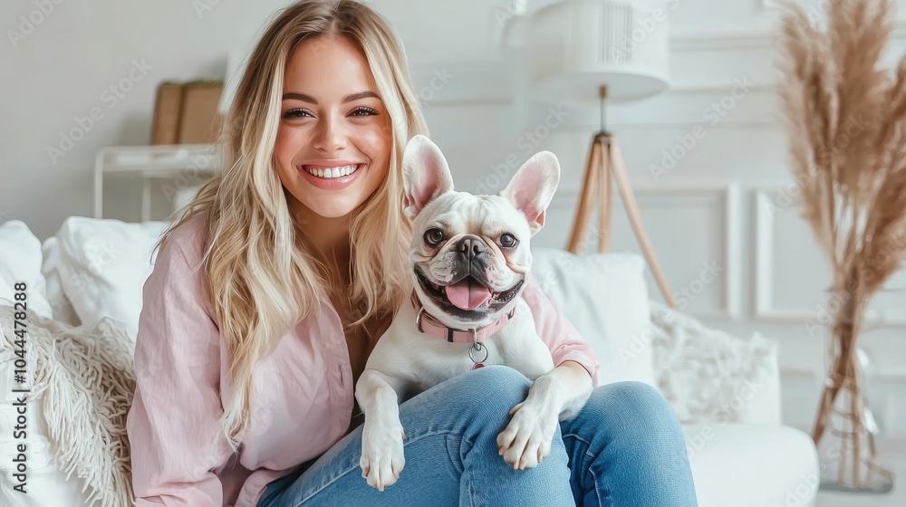 A joyful woman sits in her living room, smiling as she plays with her adorable dog. The scene captures a warm, happy moment filled with love and companionship. A joyful woman sits in her living room, smiling as she plays with her adorable dog. The scene captures a warm, happy moment filled with love and companionship.