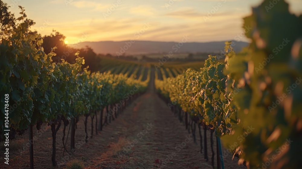 Naklejka premium Vineyard at sunset with rows of vines stretching toward the horizon, symbolizing the art, passion, and abundance of winemaking