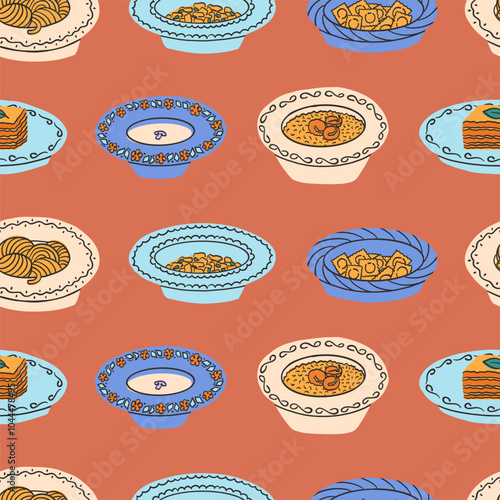 Saemless pattern of Italian dishes. Pasta, soup, risotto, Ossobuco, pizza with mozzarella, gnocchi, ravioli, caprese, tiramisu Colorful bright vector illustration in modern style