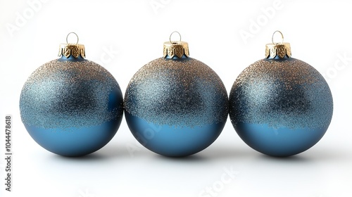 Navy blue Christmas ornaments with glitter detail aligned against a white background for holiday product branding and decor design suitable for festive visuals and mockups. Generative AI