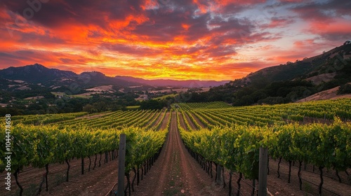 A beautiful sunset over a vineyard with long rows of vines, symbolizing the abundant harvest and artistry of winemaking