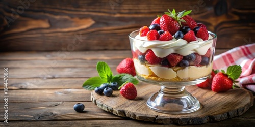 Fresh berry trifle in glass bowl on rustic table , berries, dessert, trifle, glass bowl, rustic, table, food, sweet