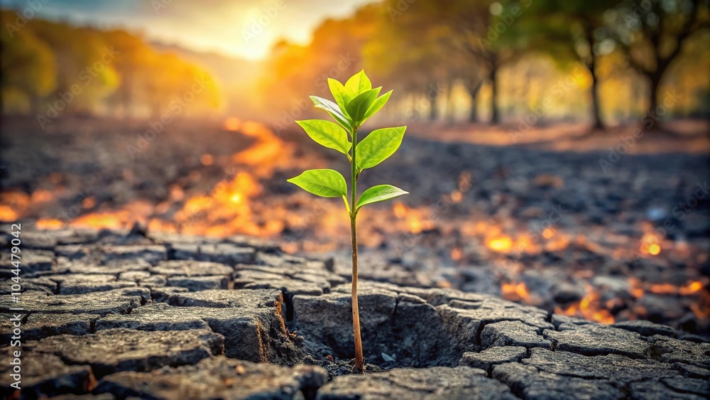 Sapling emerging from scorched earth symbolizing conservation efforts Sapling emerging from scorched earth symbolizing conservation efforts