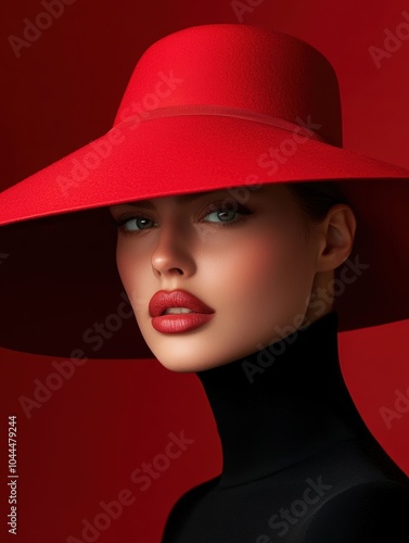 Wallpaper Mural A striking portrait of a female model adorned with a bold red hat against a minimalist background, showcasing beauty and elegance in modern fashion photography. Torontodigital.ca