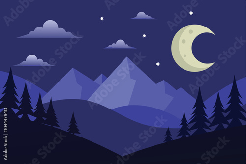 Beautiful dramatic night over forest with moon and hills background