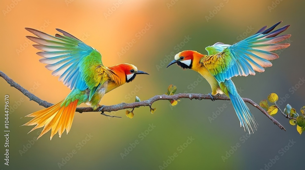 Obraz premium Two vibrant birds perched on a branch, displaying their colorful plumage in a dynamic pose.