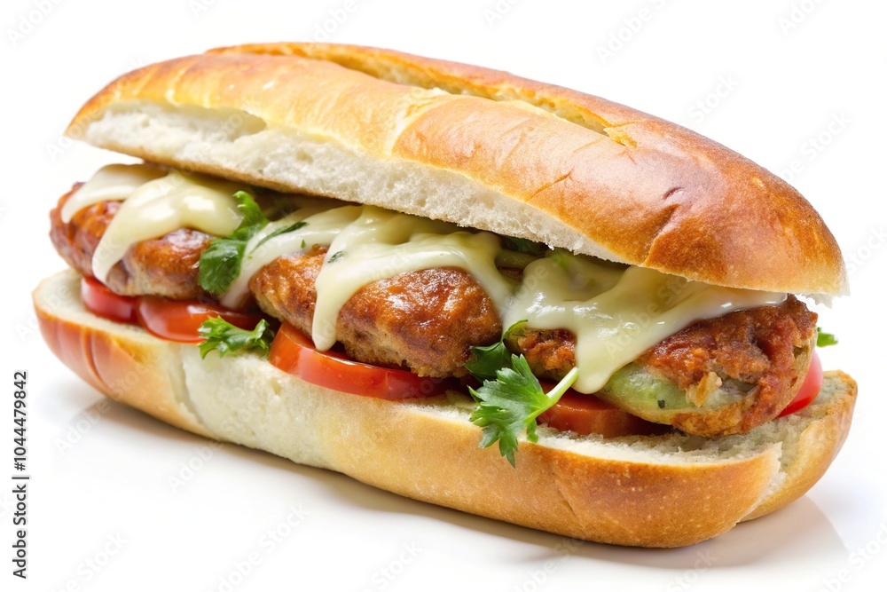 Sausage parmigiana sandwich closeup on white background Sausage parmigiana sandwich closeup on white background
