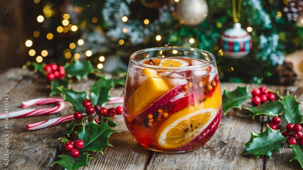 A glass of festive fruit punch with lemon, orange, and spices, resting on a rustic wooden surface adorned with holly sprigs and candy canes. A blurred Christmas tree background adds a touch of holiday A glass of festive fruit punch with lemon, orange, and spices, resting on a rustic wooden surface adorned with holly sprigs and candy canes. A blurred Christmas tree background adds a touch of holiday