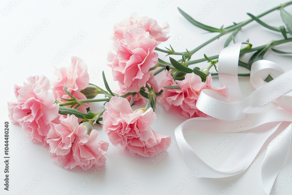 Pink Carnations Bouquet with White Ribbon Isolated On White Background Pink Carnations Bouquet with White Ribbon Isolated On White Background