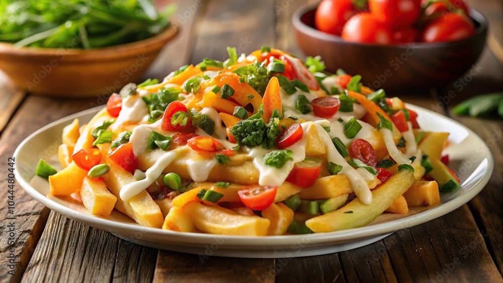 Savory cheese fries with fresh veggie toppings in a flavorful fusion, shot from a low angle Savory cheese fries with fresh veggie toppings in a flavorful fusion, shot from a low angle