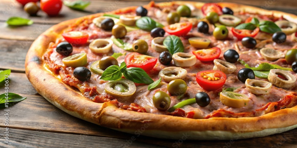 Delicious pizza topped with olives and tuna, pizza, olives, tuna, Italian cuisine, savory, Mediterranean, seafood