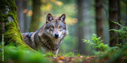 Grey wolf hunting in dense forest, predator, wildlife, nature, wildlife, predator, animal, wild, wilderness, hunt, woods
