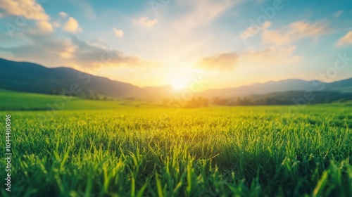 Breathtaking sunrise over lush green fields a tranquil landscape capturing the beauty of nature and serenity.