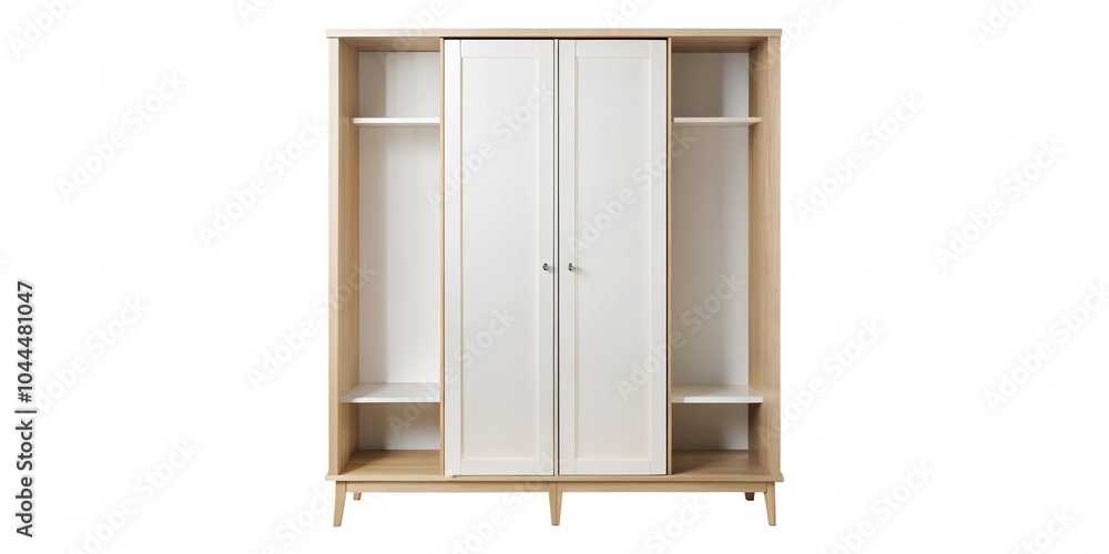 Scandinavian inspired IKEA wardrobe with white shelves and natural wood frame isolated on white background Scandinavian inspired IKEA wardrobe with white shelves and natural wood frame isolated on white background