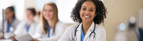 Healthcare classroom training session, featuring enthusiastic students with notebooks and medical tools, emphasizing hands-on learning and professional growth photo