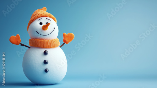 Snowman with carrot nose and orange mittens against a clean blue background.