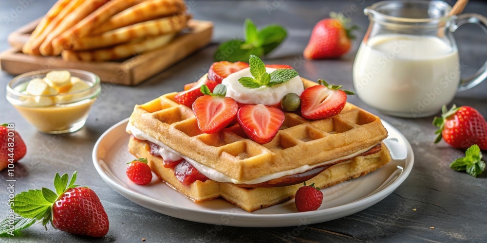 Delicious waffles topped with fresh strawberries, bananas, honey, and milk cream , Waffles, Turkish, delicacies Delicious waffles topped with fresh strawberries, bananas, honey, and milk cream , Waffles, Turkish, delicacies
