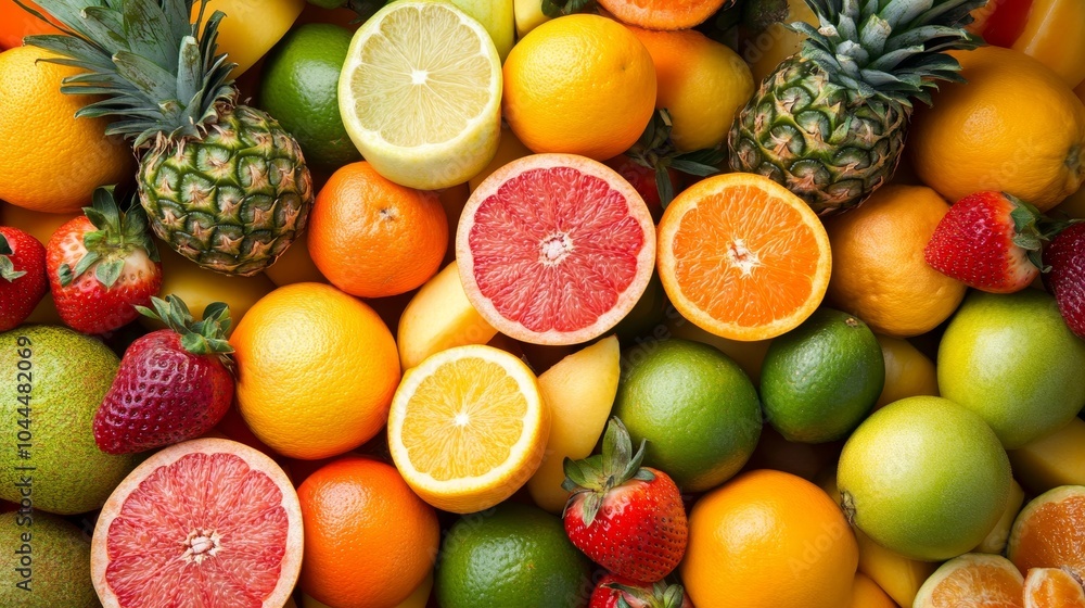 A vibrant assortment of fresh fruits including strawberries, citrus, and pineapples arranged attractively. A vibrant assortment of fresh fruits including strawberries, citrus, and pineapples arranged attractively.