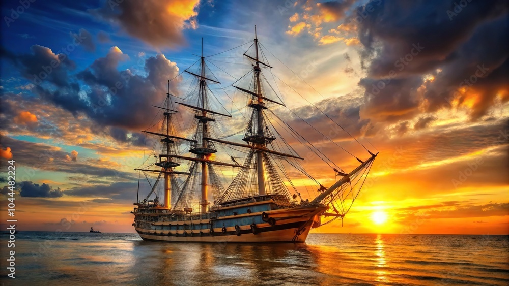 Obraz premium Scene of Admiral Nelson's flagship HMS Victory sailing into the sunset