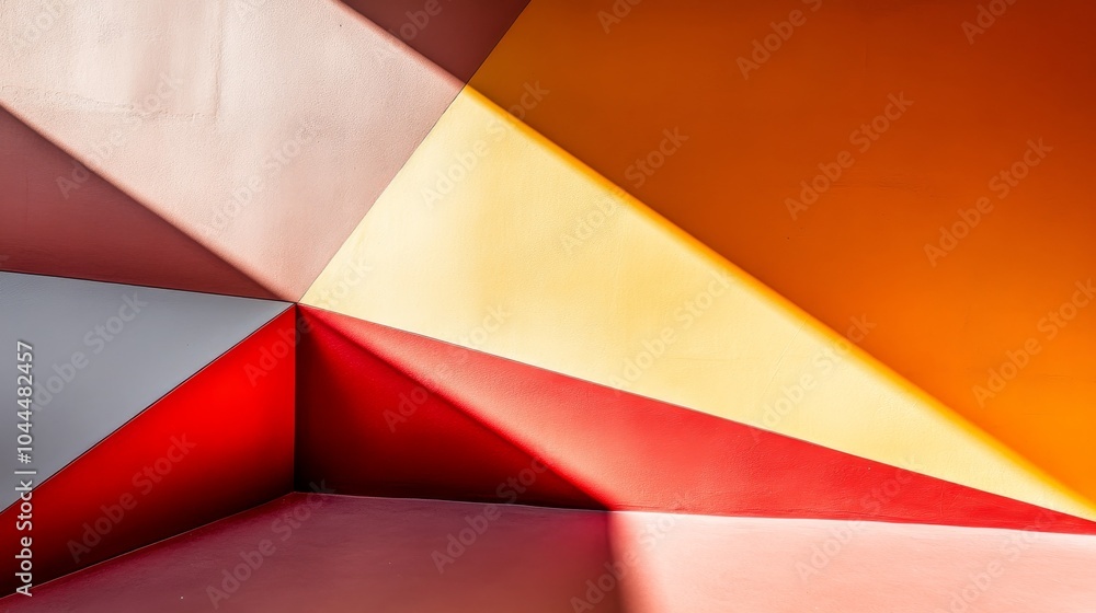 A vibrant geometric composition of colored surfaces and shadows in a corner. A vibrant geometric composition of colored surfaces and shadows in a corner.
