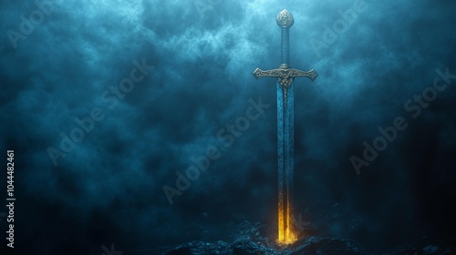 Mystical sword glowing with fiery light set in a fog-filled dark blue landscape 3D render of an enchanted medieval weapon. Generative AI