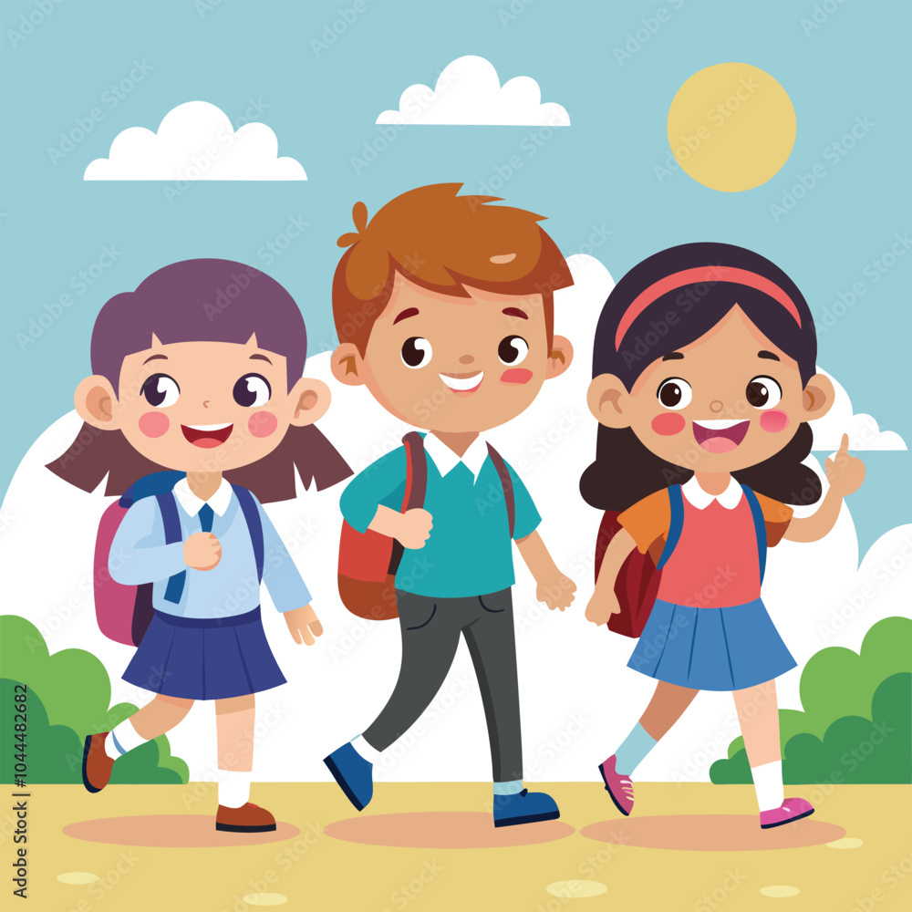 Three school kid happily going their school vector Three school kid happily going their school vector