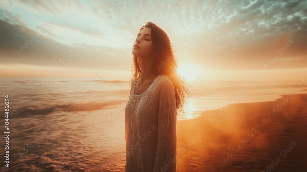 Serene Woman on a Dreamy Beach at Sunset, Embracing the Tranquil Ocean Breeze Serene Woman on a Dreamy Beach at Sunset, Embracing the Tranquil Ocean Breeze