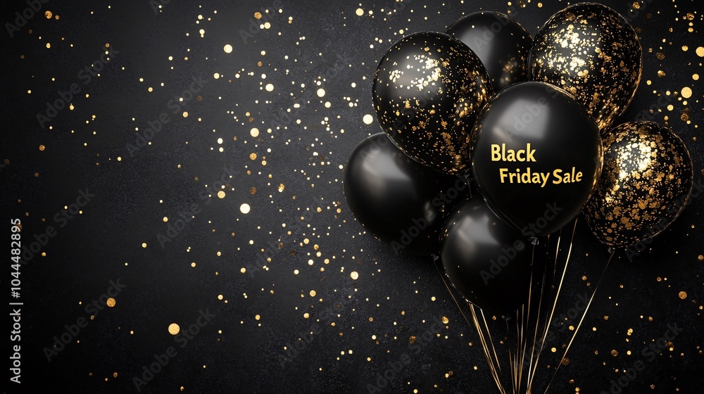 Fototapeta premium Black friday sale on black balloons with gold gritter on black background 