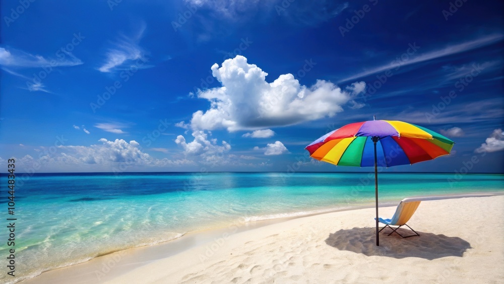 A relaxing beach vacation with crystal clear blue water, white sandy beaches, and a colorful beach umbrella, vacation A relaxing beach vacation with crystal clear blue water, white sandy beaches, and a colorful beach umbrella, vacation