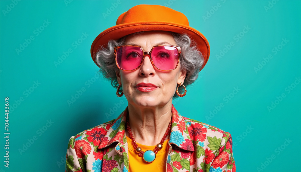 Fototapeta premium Stylish elderly woman with colorful attire and vibrant accessories on a turquoise background, retirement concept