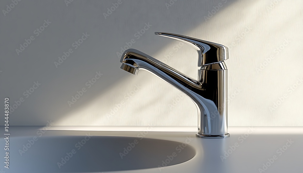 Modern chrome faucet in a white bathroom sink. Modern chrome faucet in a white bathroom sink.