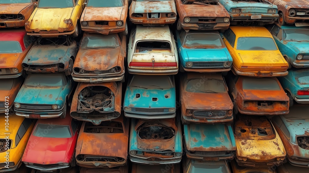 Fototapeta premium Abandoned Cars in Junkyard for Recycling and Environment