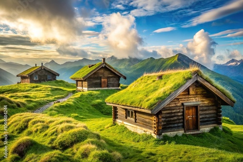 Scenic cabins with green roof on mountain hill