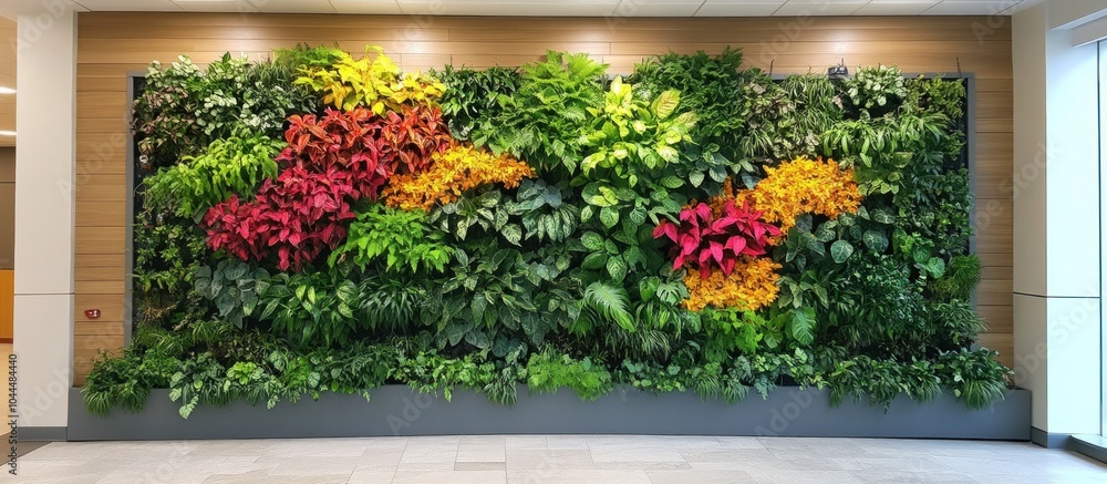 A large vertical garden wall with various plants and flowers. A large vertical garden wall with various plants and flowers.