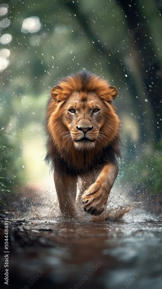 Lion navigating through a rain-soaked jungle, with droplets cascading off its mane and puddles forming around its paws. Lion navigating through a rain-soaked jungle, with droplets cascading off its mane and puddles forming around its paws.