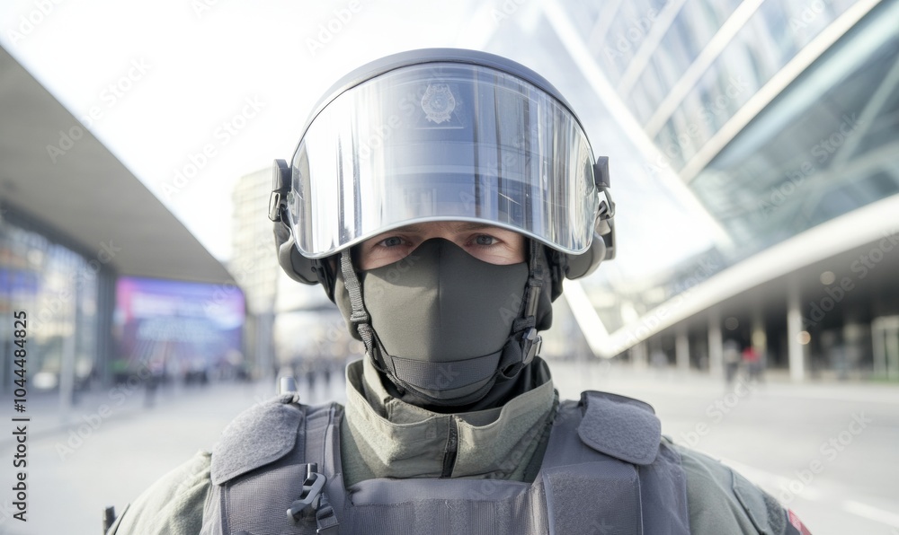 Fototapeta premium Urban Security Police Officer in Tactical Gear at High-Profile Event
