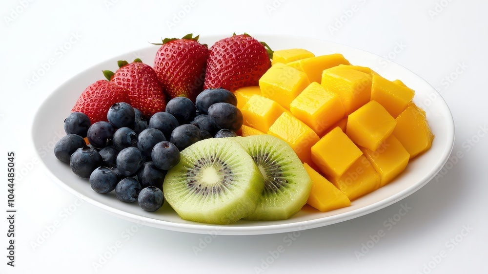 A vibrant platter of assorted fresh fruits on a white background. A vibrant platter of assorted fresh fruits on a white background.