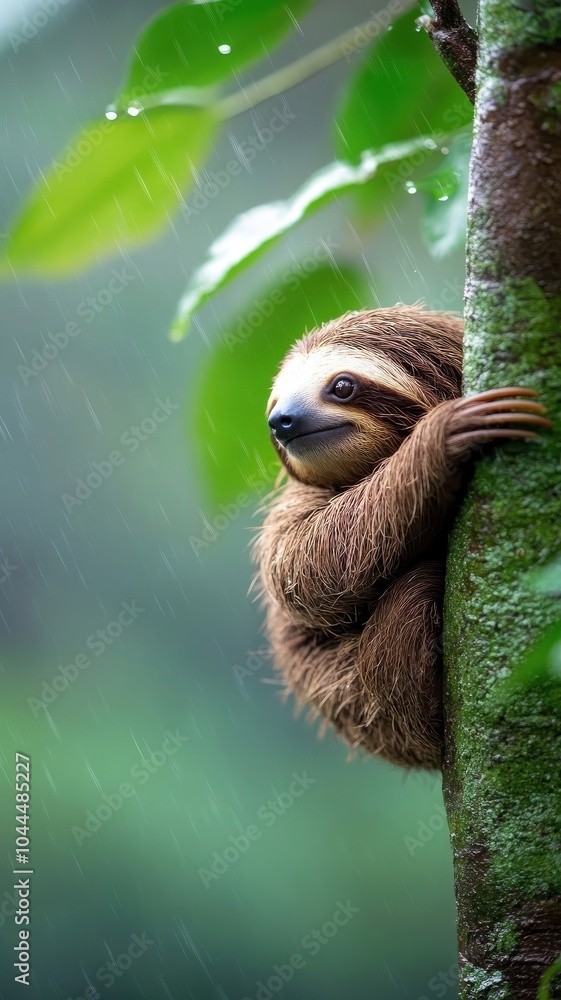 Sloth clinging to tree in rainforest, blending into lush, wet environment as raindrops slide off its fur. Sloth clinging to tree in rainforest, blending into lush, wet environment as raindrops slide off its fur.