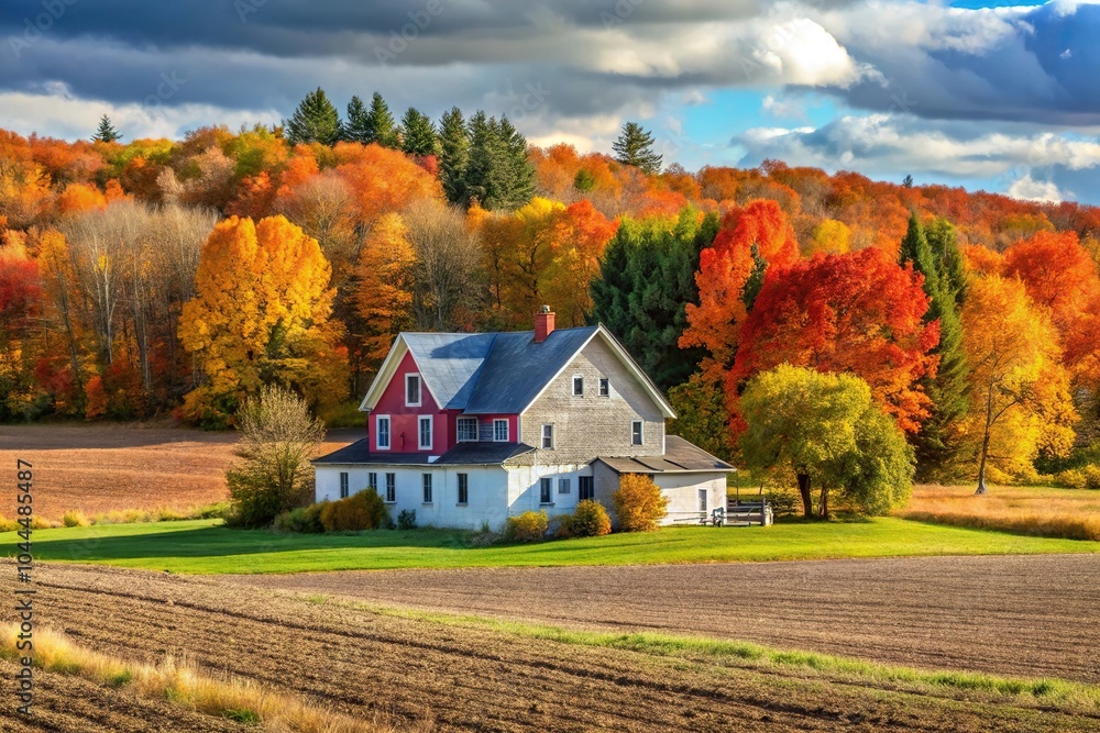Scenic farmhouse surrounded by autumn fields reflected in water Scenic farmhouse surrounded by autumn fields reflected in water