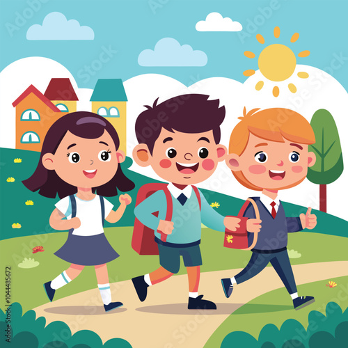Three school kid happily going their school vector