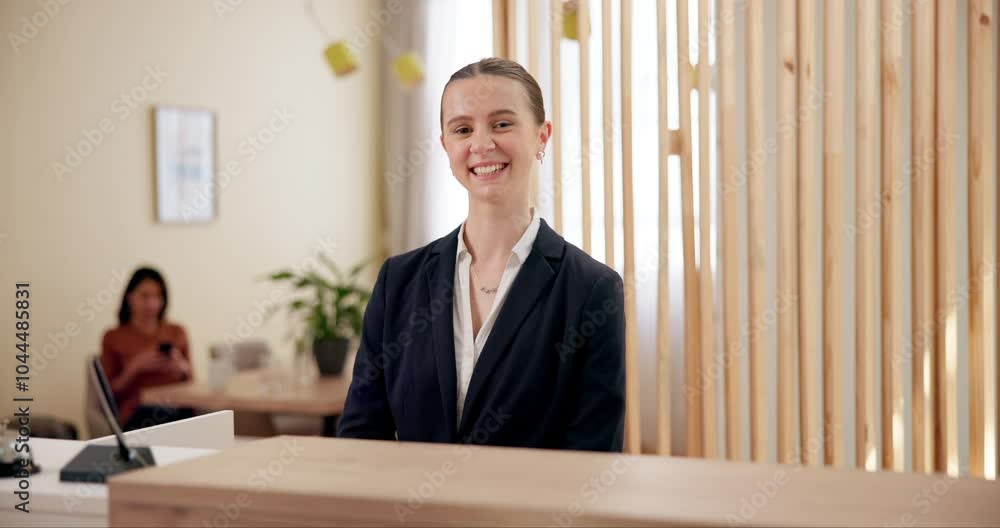 Portrait, confident and woman with smile, hotel and happy to help, professional and receptionist in resort. Proud, front desk agent and employee in hospitality, check in or person with joy in Canada Portrait, confident and woman with smile, hotel and happy to help, professional and receptionist in resort. Proud, front desk agent and employee in hospitality, check in or person with joy in Canada